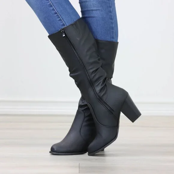 Black Mid-Calf Boots Faux leather Side Zip Block Heel Slouched Shaft - Picture 9 of 15